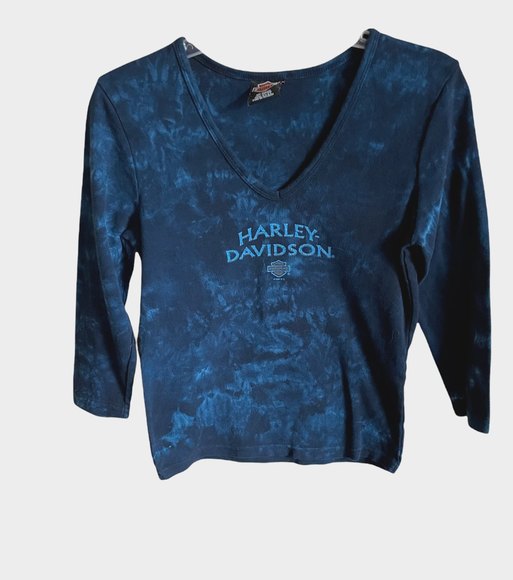 Vintage Harley Davidson 01 Women Long Sleeve TShirt Blue Tye Dye Stillwater SZ L - Picture 1 of 7